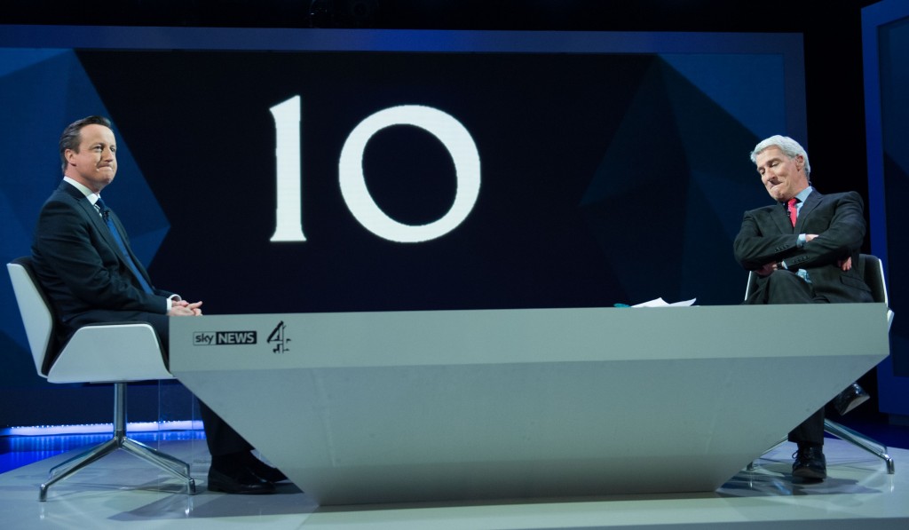 Prime Minister David Cameron is interview by Jeremy Paxman (right) on the Sky News/Channel 4 programme: Cameron & Miliband Live: The Battle for Number 10, at the Sky Studios in Osterley, west London.