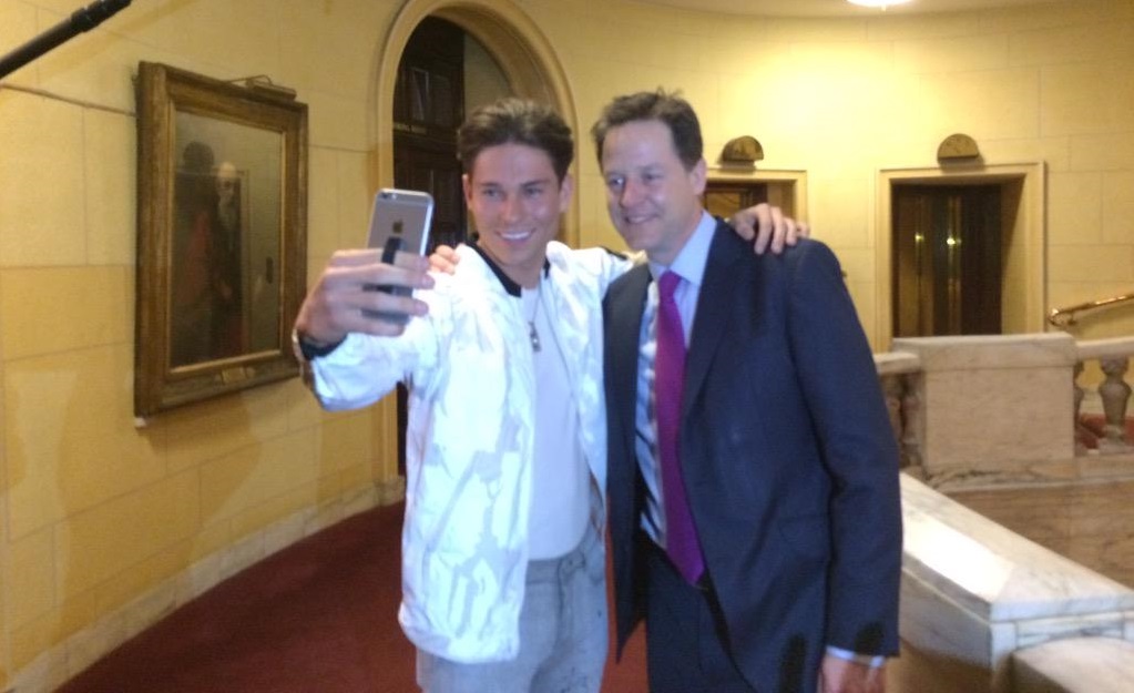 Nick Clegg poses for a selfie with TOWIE star Joey Essex