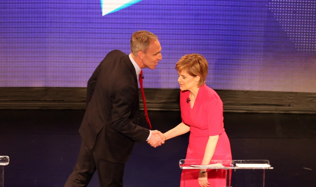 First Minister Nicola Sturgeon shakes the hand of the Scottish Labour leader Jim Murphy before the Scotland Debates, as the leaders of the four main political parties in Scotland go head to head, at The Assembly Rooms in Edinburgh on STV.