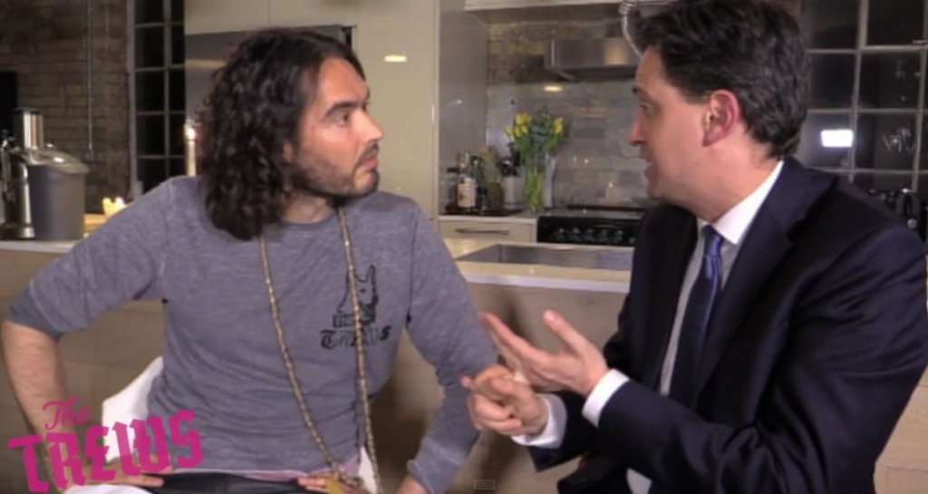 Labour leader Ed Miliband with comedian Russell Brand. YouTube/ The Trews.