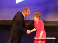 First Minister Nicola Sturgeon shakes the hand of the Scottish Labour leader Jim Murphy before the Scotland Debates, as the leaders of the four main political parties in Scotland go head to head, at The Assembly Rooms in Edinburgh on STV.